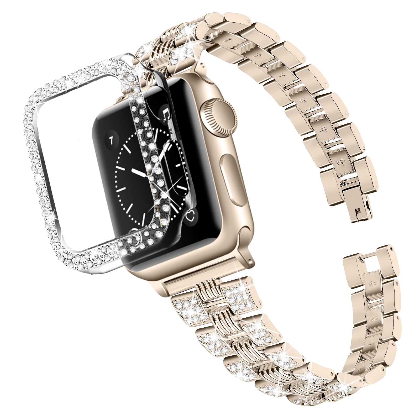 For Apple Watch Series 7 41mm Thread Rhinestone Stainless Steel Watch Strap + Hard PC Watch Case Cover For Apple Watch Series 7 41mm Thread Rhinestone Stainless Steel Watch Strap + Hard PC Watch Case Cover